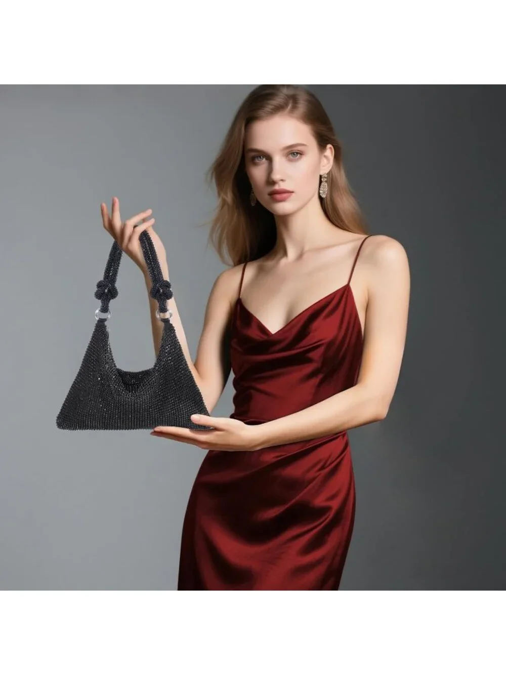 Women’s Black Rhinestone Mesh Clutch Evening Handbag Wedding Party Purse